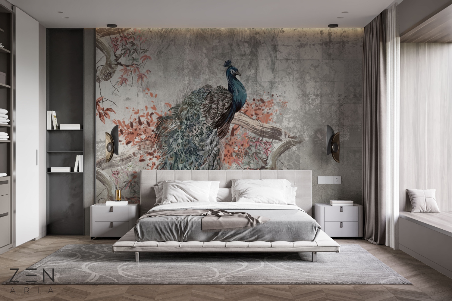 Wings and Bird Paun si Flori Mural Wallpaper Fototapet Personalizat Zenaria Tapet Peacock Pose