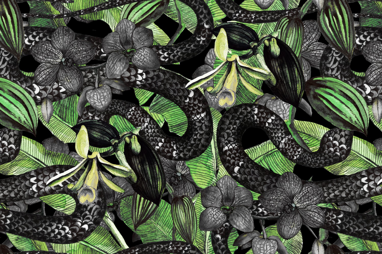 Snake and Orchids Exotic si Jungla Mural Wallpaper Fototapet Personalizat Zenaria Tapet Tropical Temptation Rosu