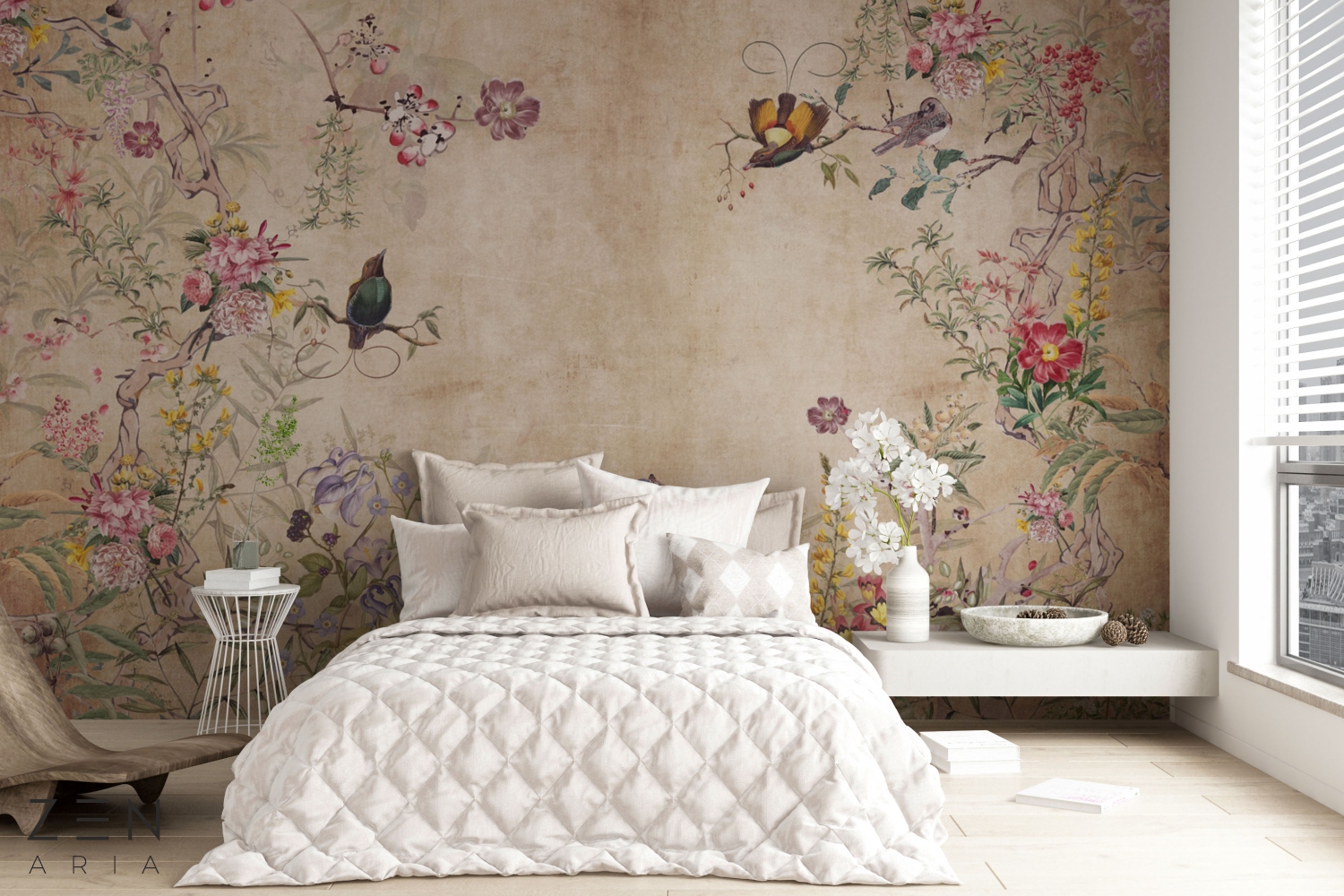 Birds and Flowers Primavara si Paradis Mural Wallpaper Fototapet Personalizat Zenaria Tapet Spring Feasting Portocaliu