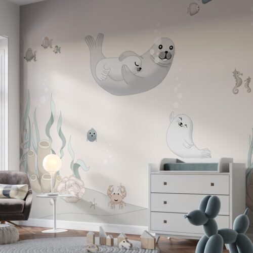 Baby Seal and Turtle Foca Puiut si Marin Mural Wallpaper Fototapet Personalizat Zenaria Tapet Tender Ocean