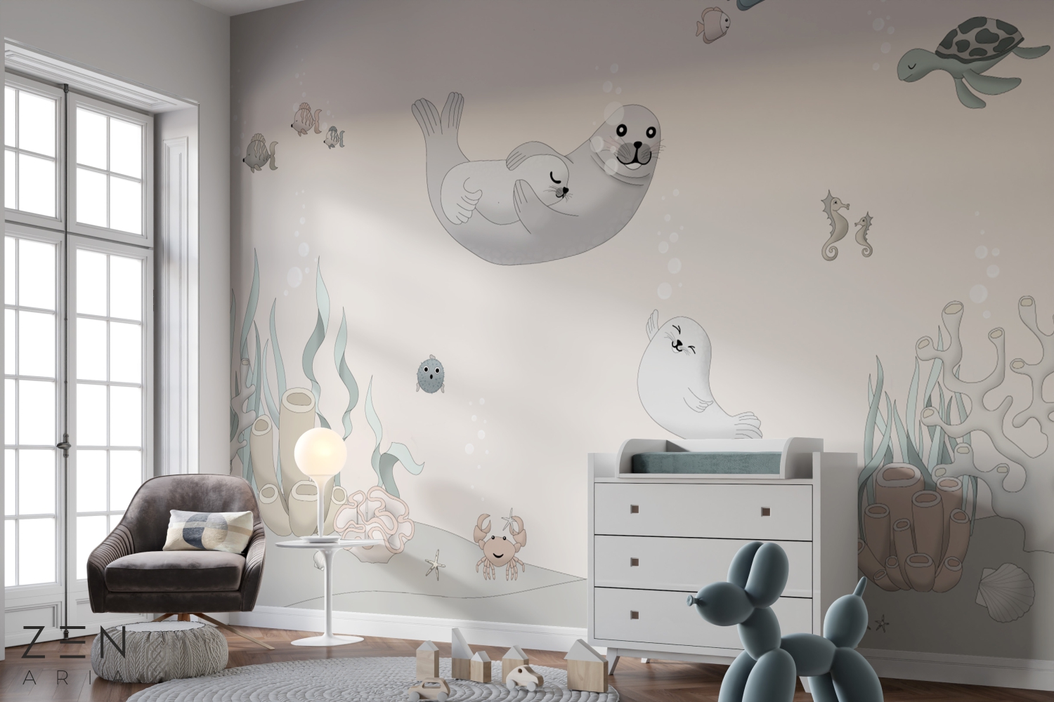 Baby Seal and Turtle Foca Puiut si Marin Mural Wallpaper Fototapet Personalizat Zenaria Tapet Tender Ocean