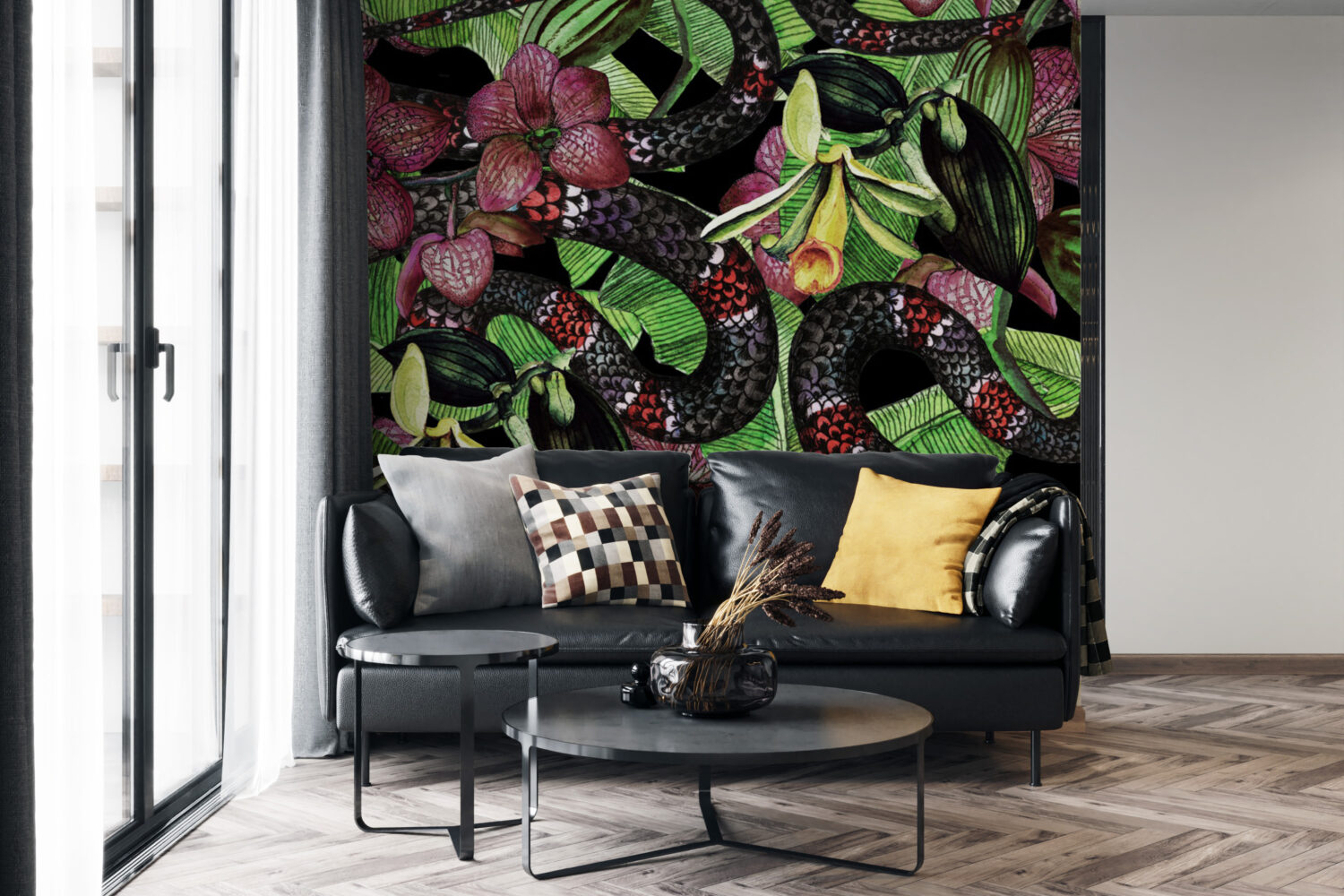 Snake and Orchids Exotic si Jungla Mural Wallpaper Fototapet Personalizat Zenaria Tapet Tropical Temptation Rosu