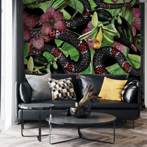 Snake and Orchids Exotic si Jungla Mural Wallpaper Fototapet Personalizat Zenaria Tapet Tropical Temptation Rosu