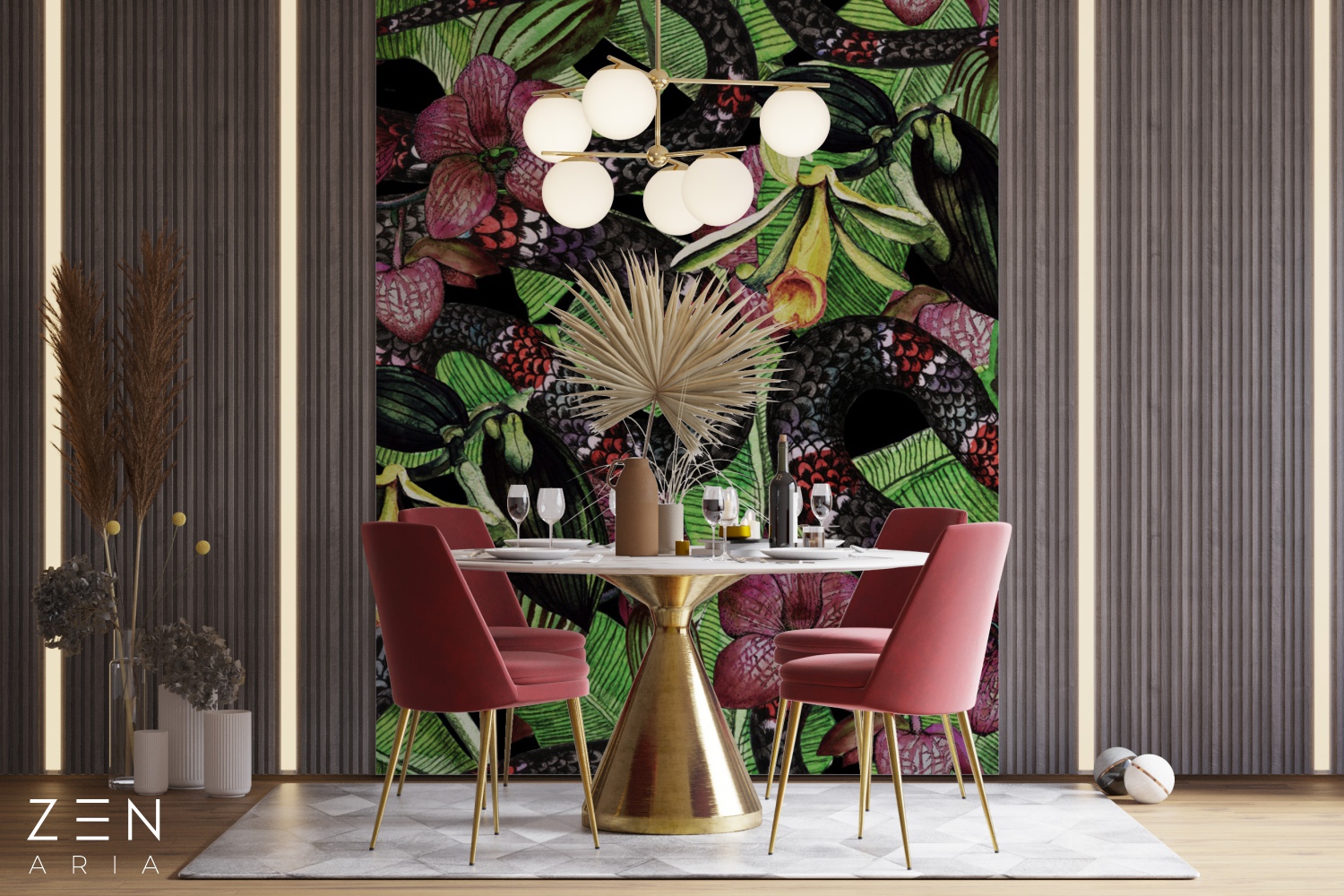 Snake and Orchids Exotic si Jungla Mural Wallpaper Fototapet Personalizat Zenaria Tapet Tropical Temptation Rosu