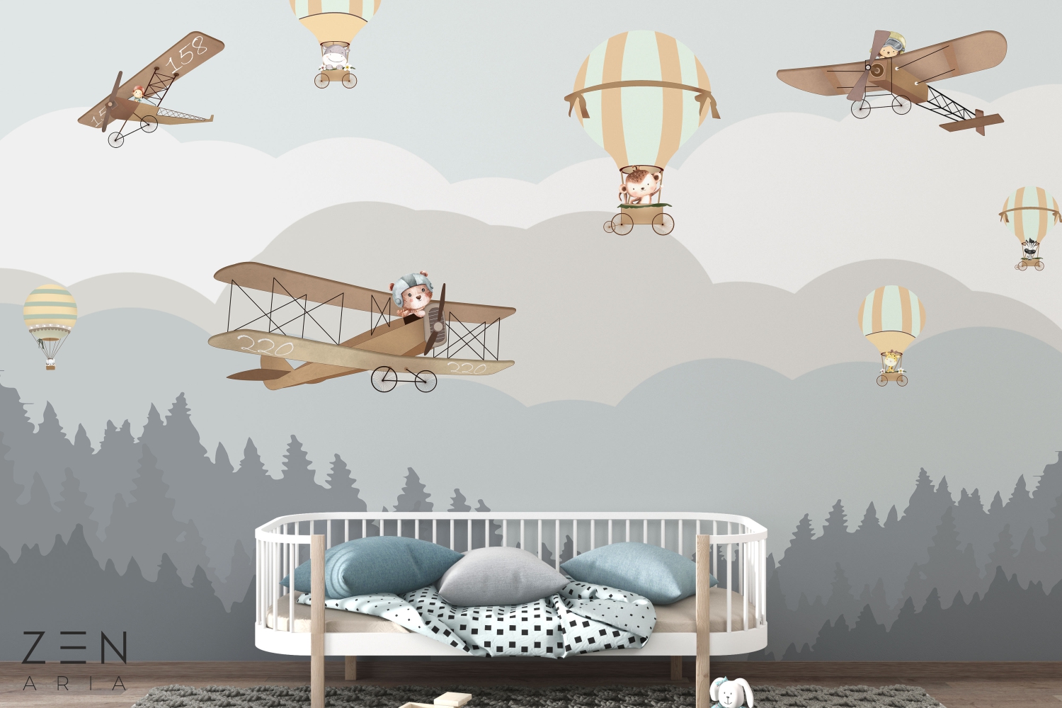 Aiplanes and Flight Avioane si Baloane aer cald Mural Wallpaper Fototapet Personalizat Zenaria Tapet Sky High Adventures Albastru