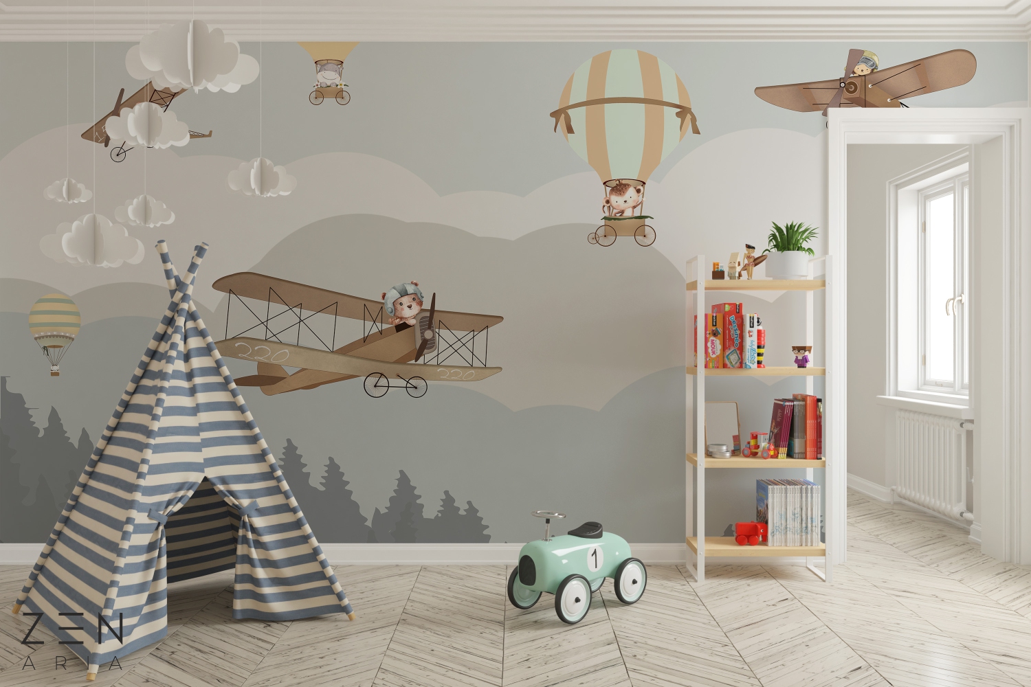 Aiplanes and Flight Avioane si Baloane aer cald Mural Wallpaper Fototapet Personalizat Zenaria Tapet Sky High Adventures Albastru