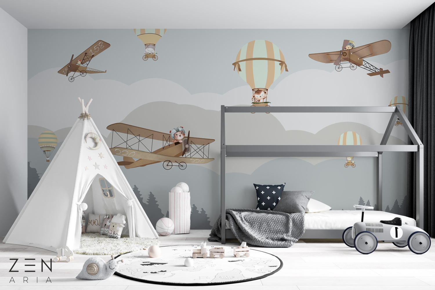 Aiplanes and Flight Avioane si Baloane aer cald Mural Wallpaper Fototapet Personalizat Zenaria Tapet Sky High Adventures Albastru