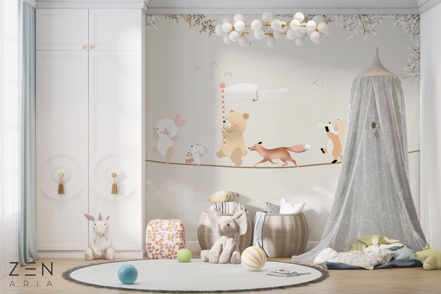 Animals and Flower Ursuleti Copaci si Pasari Mural Wallpaper Fototapet Personalizat Zenaria Tapet Playful Parade