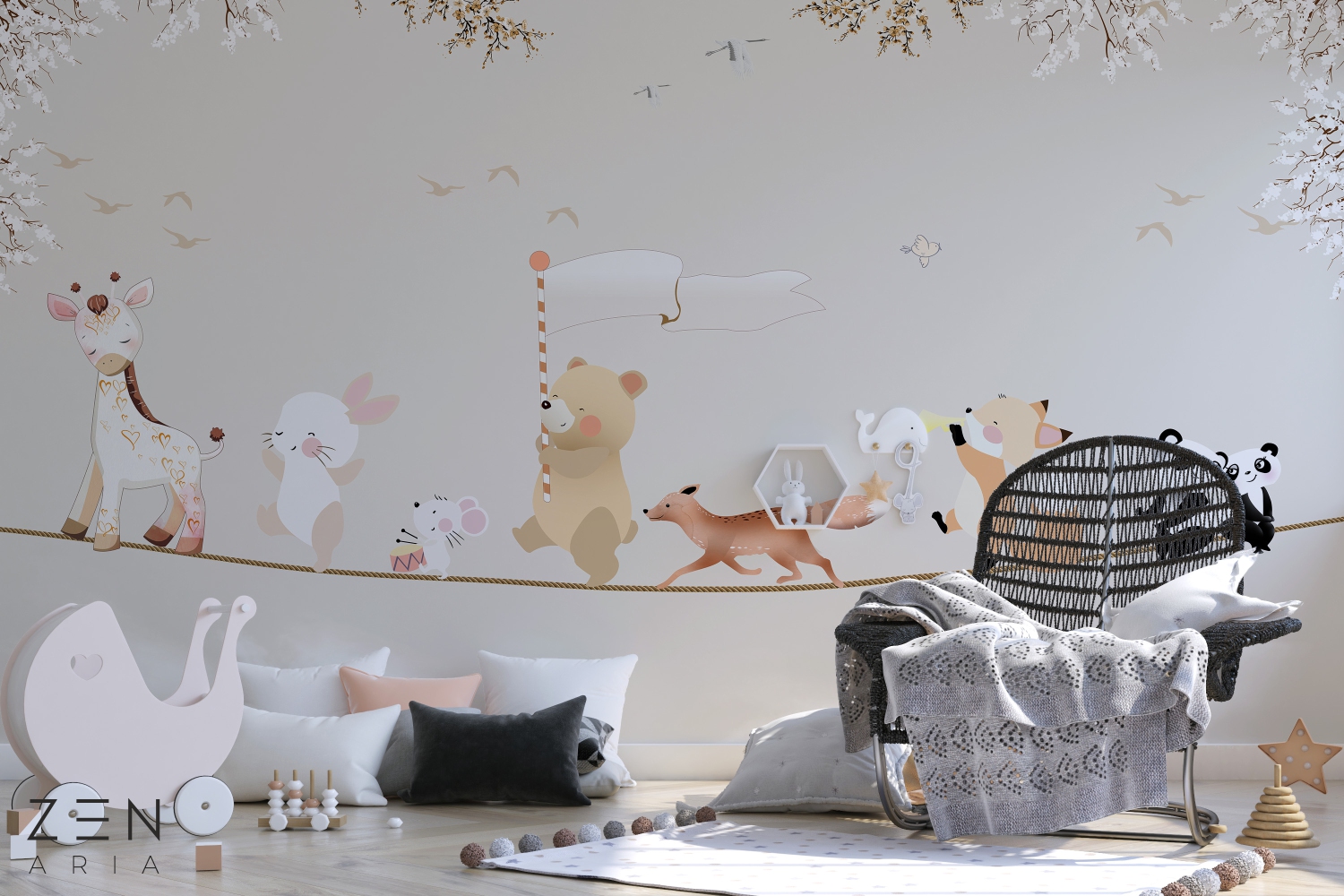 Animals and Flower Ursuleti si Pasari Urs Mural Wallpaper Fototapet Personalizat Zenaria Tapet Playful Parade