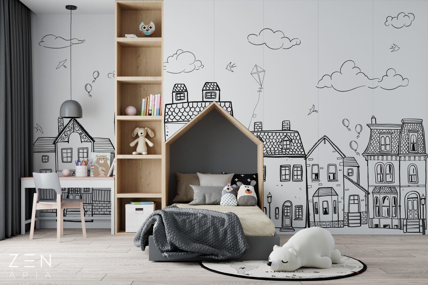 Ballons and Clouds Zmeu si Pasari Mural Wallpaper Fototapet Personalizat Zenaria Tapet Playful Townscape