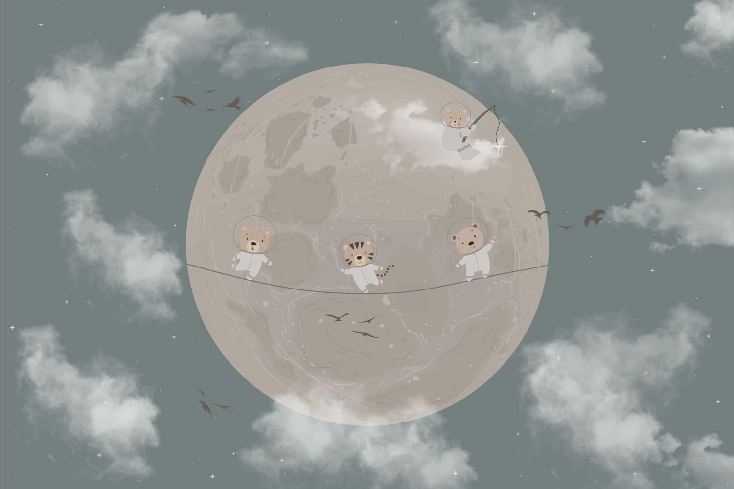 Bear and Moon Animale si Luna Mural Wallpaper Fototapet Personalizat Zenaria Tapet Lunar Fun
