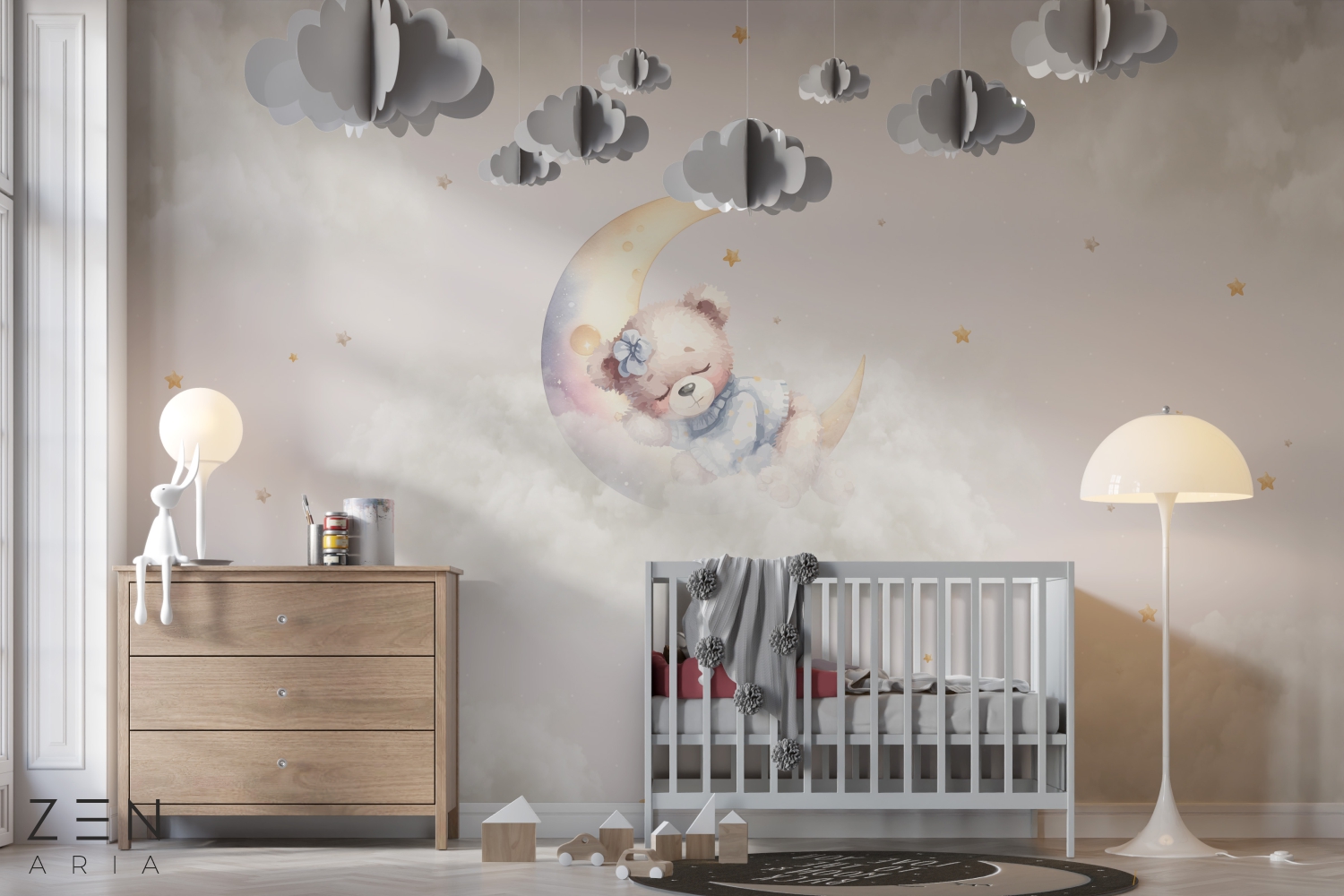 Bear and Sleeping Ursulet si Floare Mural Wallpaper Fototapet Personalizat Zenaria Tapet Gentle Guardian