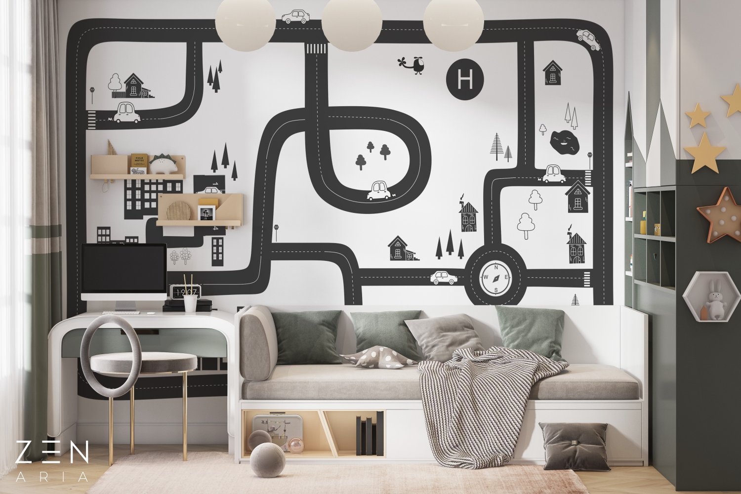 Cars and Houses Drum si Oras Mural Wallpaper Fototapet Personalizat Zenaria Tapet Roadway Adventure Negru