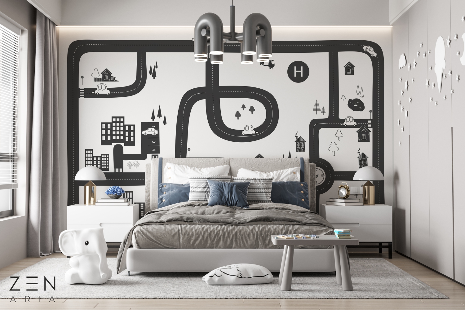 Cars and Houses Drum Masini Case si Oras Mural Wallpaper Fototapet Personalizat Zenaria Tapet Roadway Adventure Negru