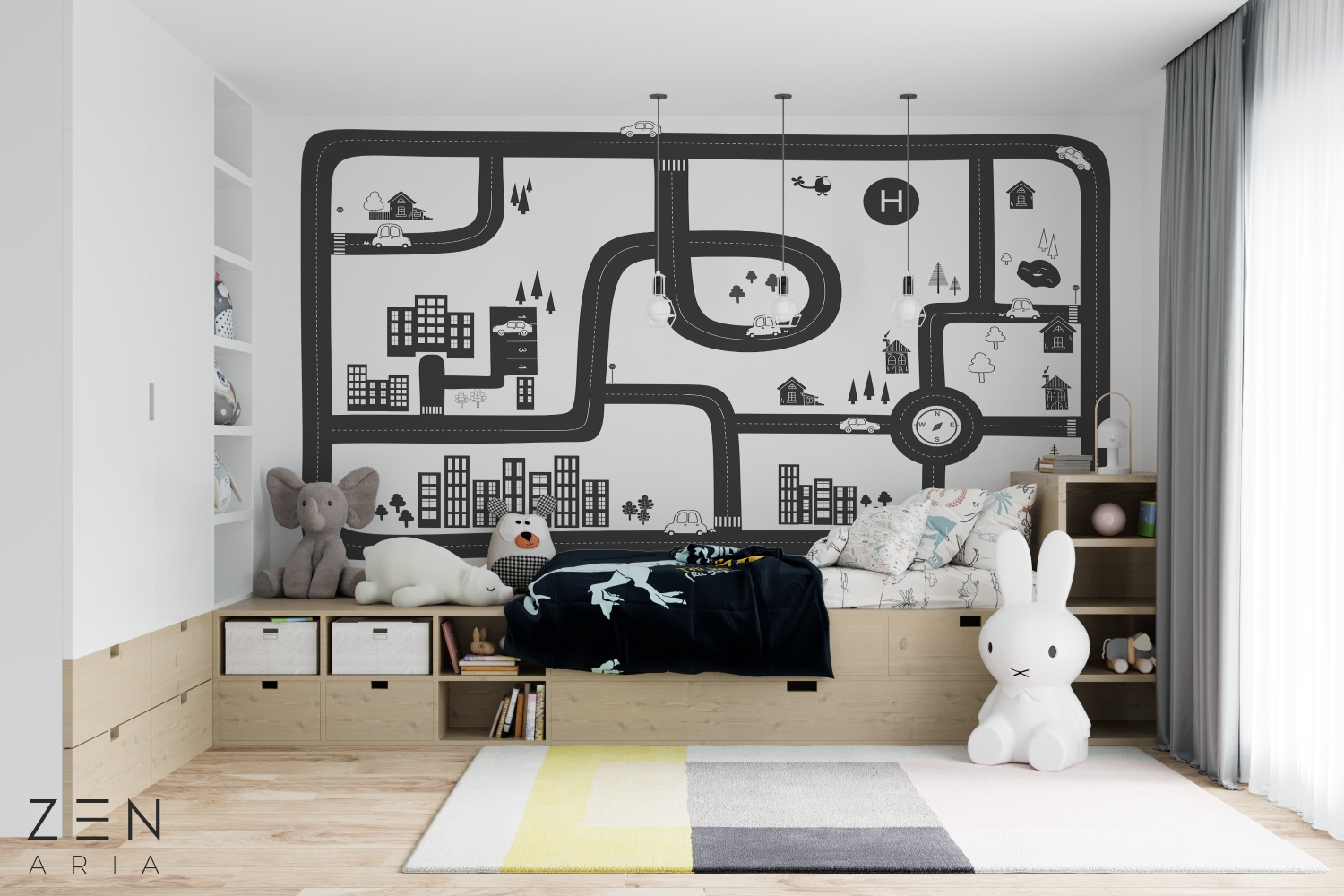 Cars and Houses Drum Masini si Oras Mural Wallpaper Fototapet Personalizat Zenaria Tapet Roadway Adventure Negru