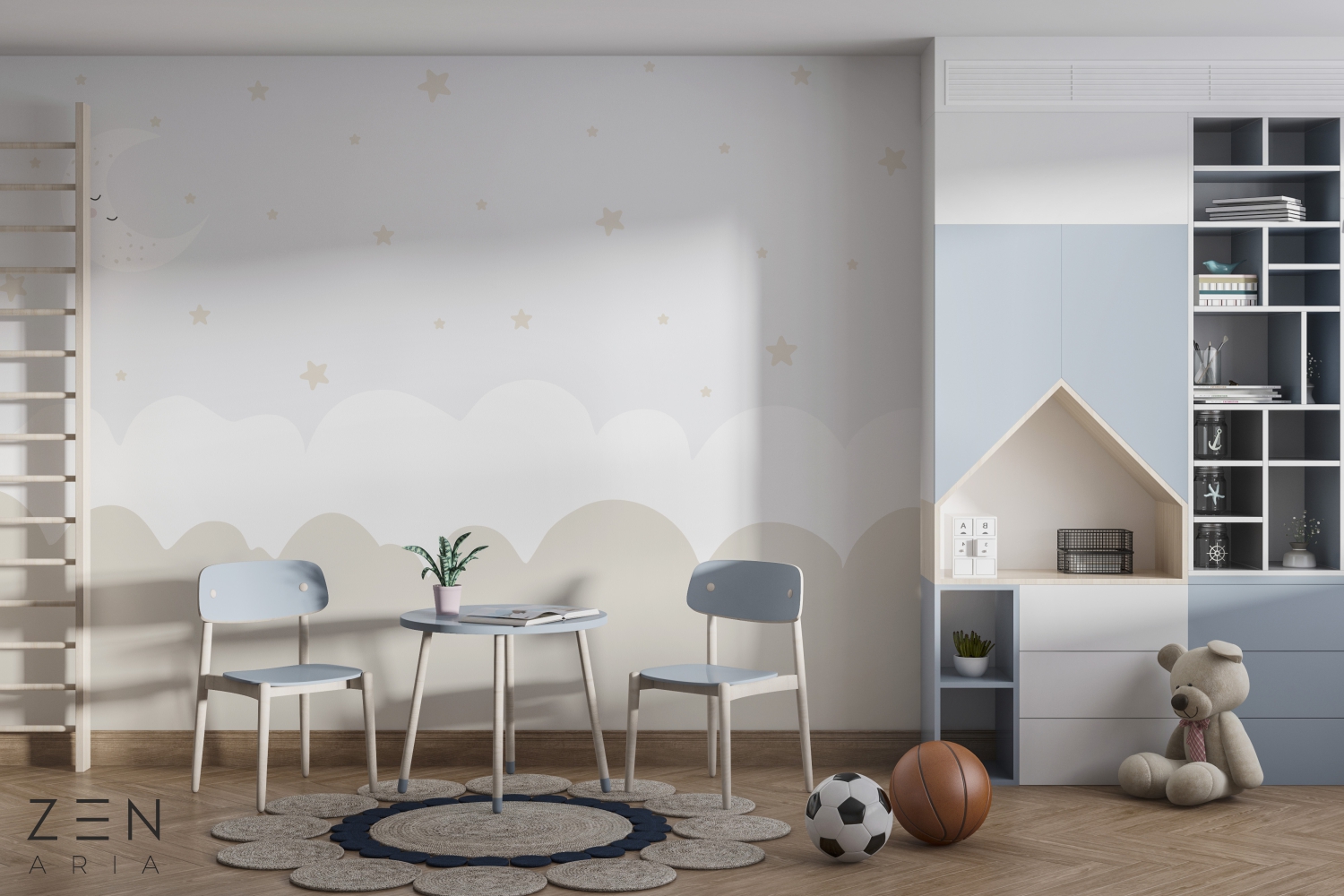 Moon and Stars Stele Cer si Nori Mural Wallpaper Fototapet Personalizat Zenaria Tapet Dreamy Crescent Crem