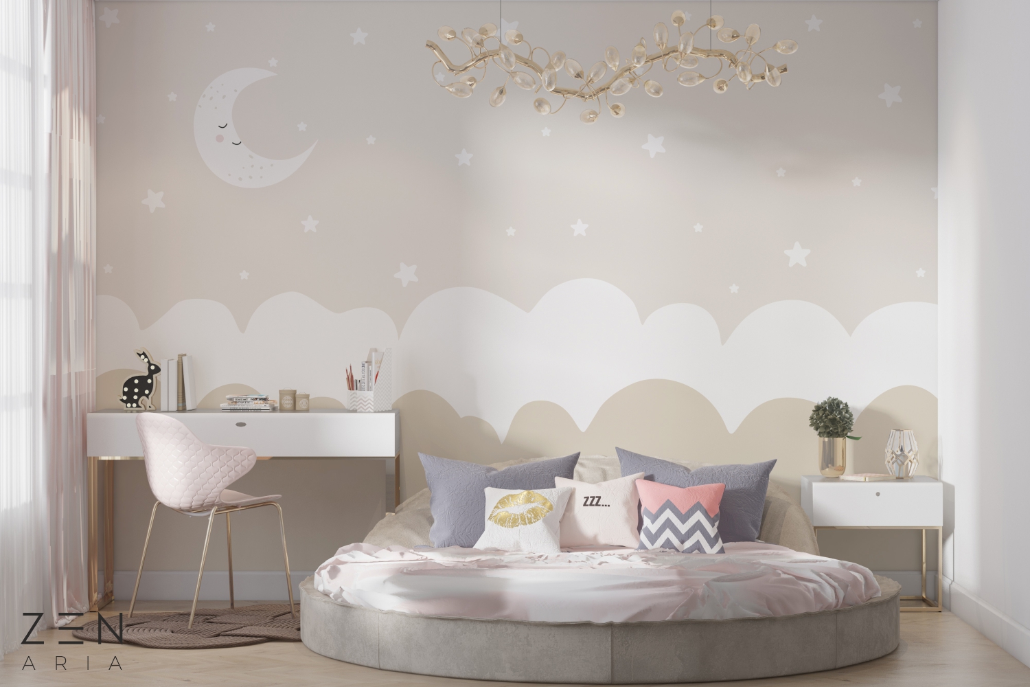 Moon and Stars Stele Cer si Nori Mural Wallpaper Fototapet Personalizat Zenaria Tapet Dreamy Crescent Crem