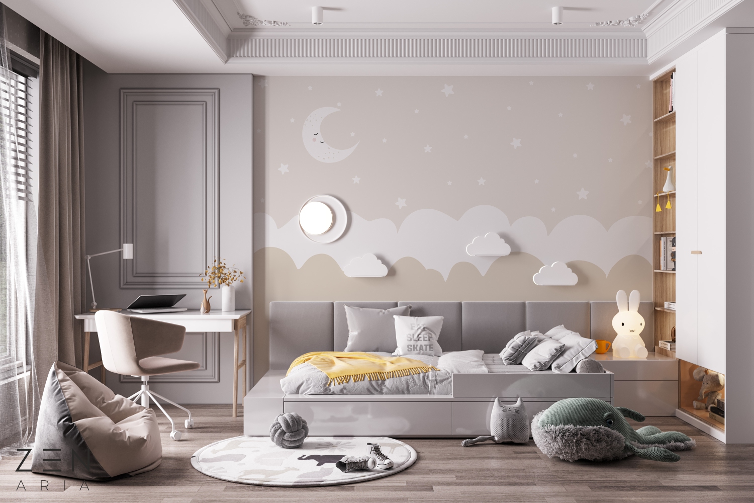 Moon and Stars Stele si Nori Mural Wallpaper Fototapet Personalizat Zenaria Tapet Dreamy Crescent Crem