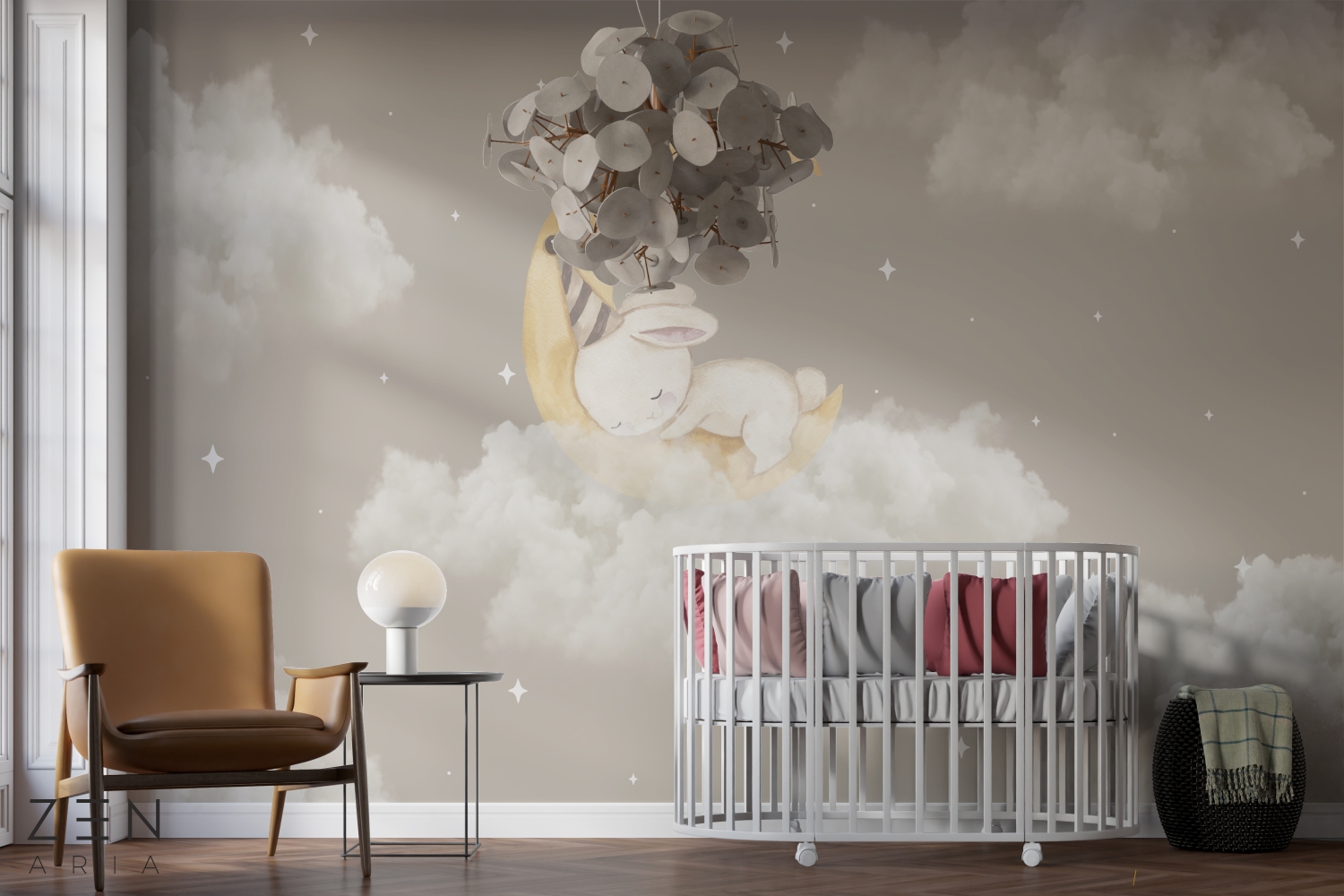 Rabbit and Stars Iepure Stele si Nori Mural Wallpaper Fototapet Personalizat Zenaria Tapet Stardust Dreams Maro