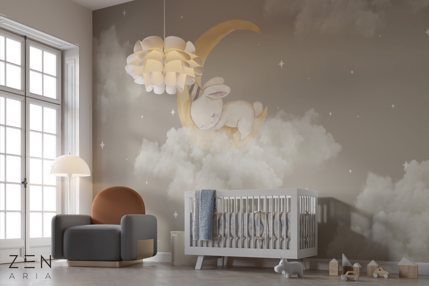 Rabbit and Stars Iepure si Nori Luna Mural Wallpaper Fototapet Personalizat Zenaria Tapet Stardust Dreams Maro