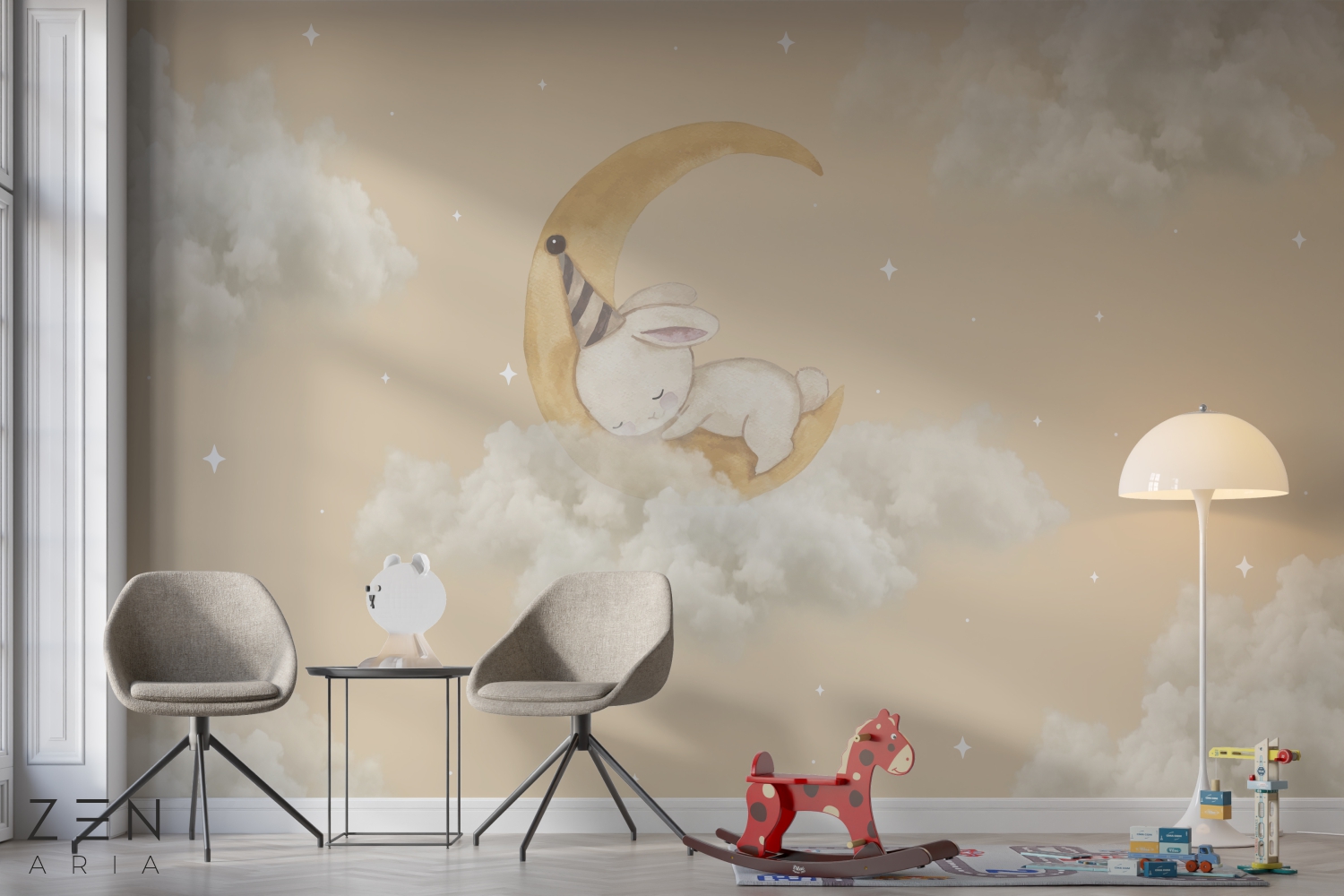 Rabbit and Stars Iepure Stele si Nori Mural Wallpaper Fototapet Personalizat Zenaria Tapet Stardust Dreams Maro