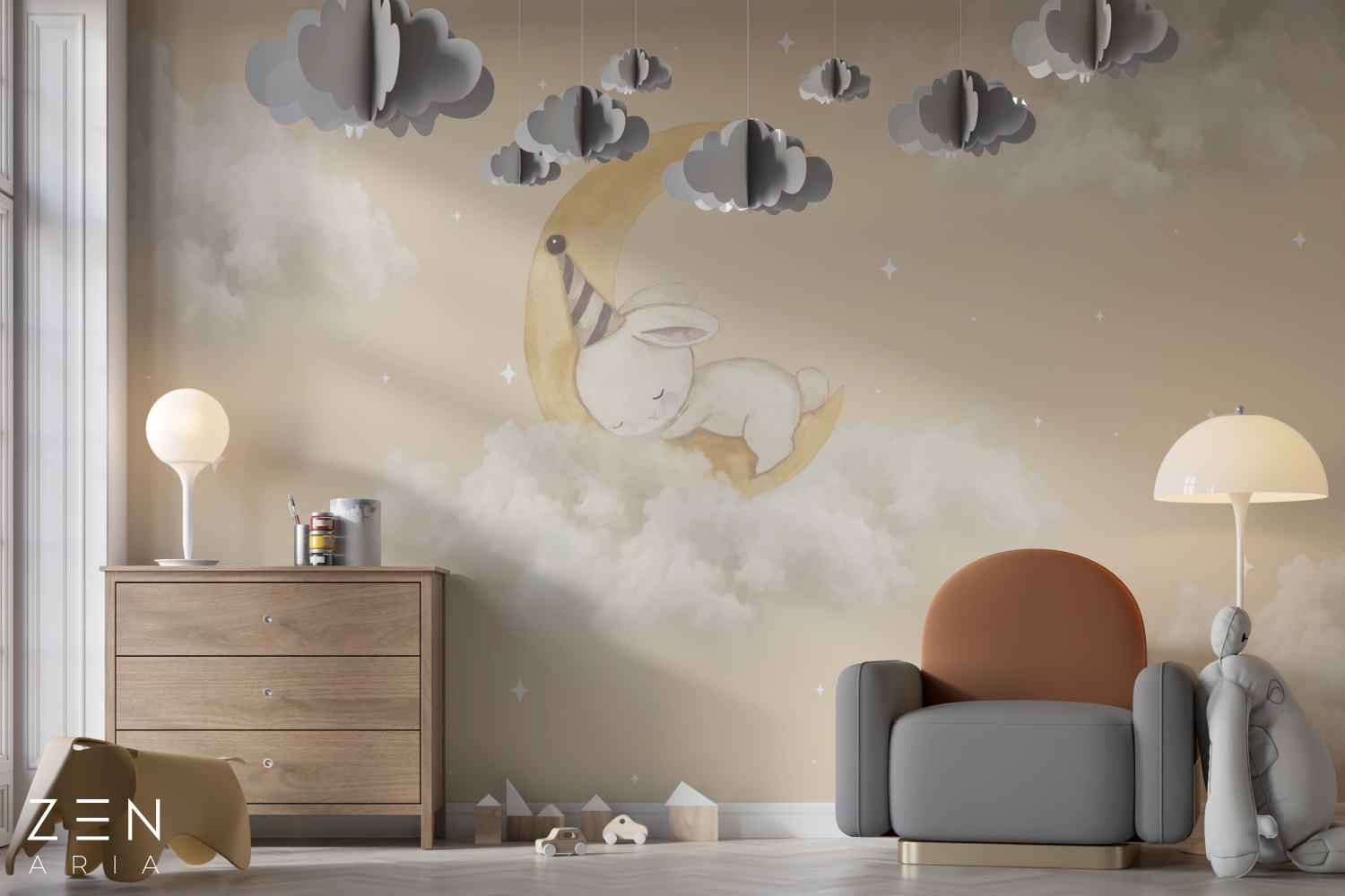 Rabbit and Stars Iepure Palarie si Nori Mural Wallpaper Fototapet Personalizat Zenaria Tapet Stardust Dreams Maro