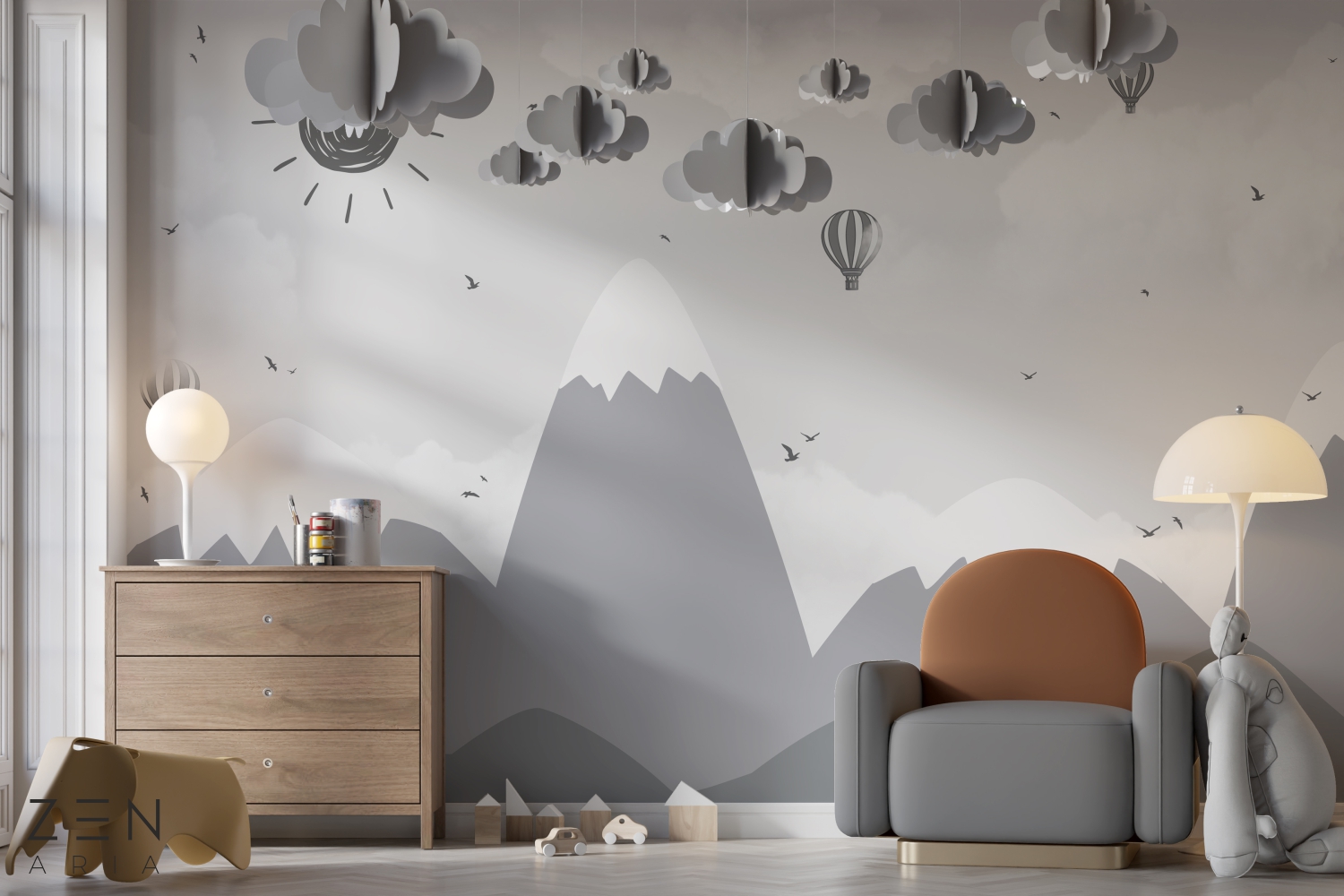 Sun and Birds Pasari Munti Baloane cu aer cald si Nori Mural Wallpaper Fototapet Personalizat Zenaria Tapet Peak Tranquility