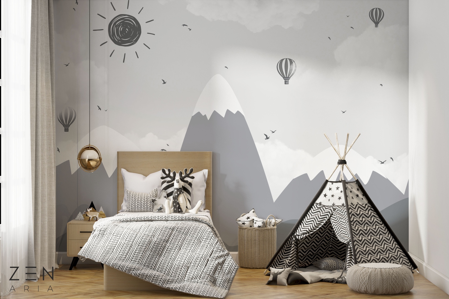 Sun and Birds Munti Baloane cu aer cald si Nori Mural Wallpaper Fototapet Personalizat Zenaria Tapet Peak Tranquility