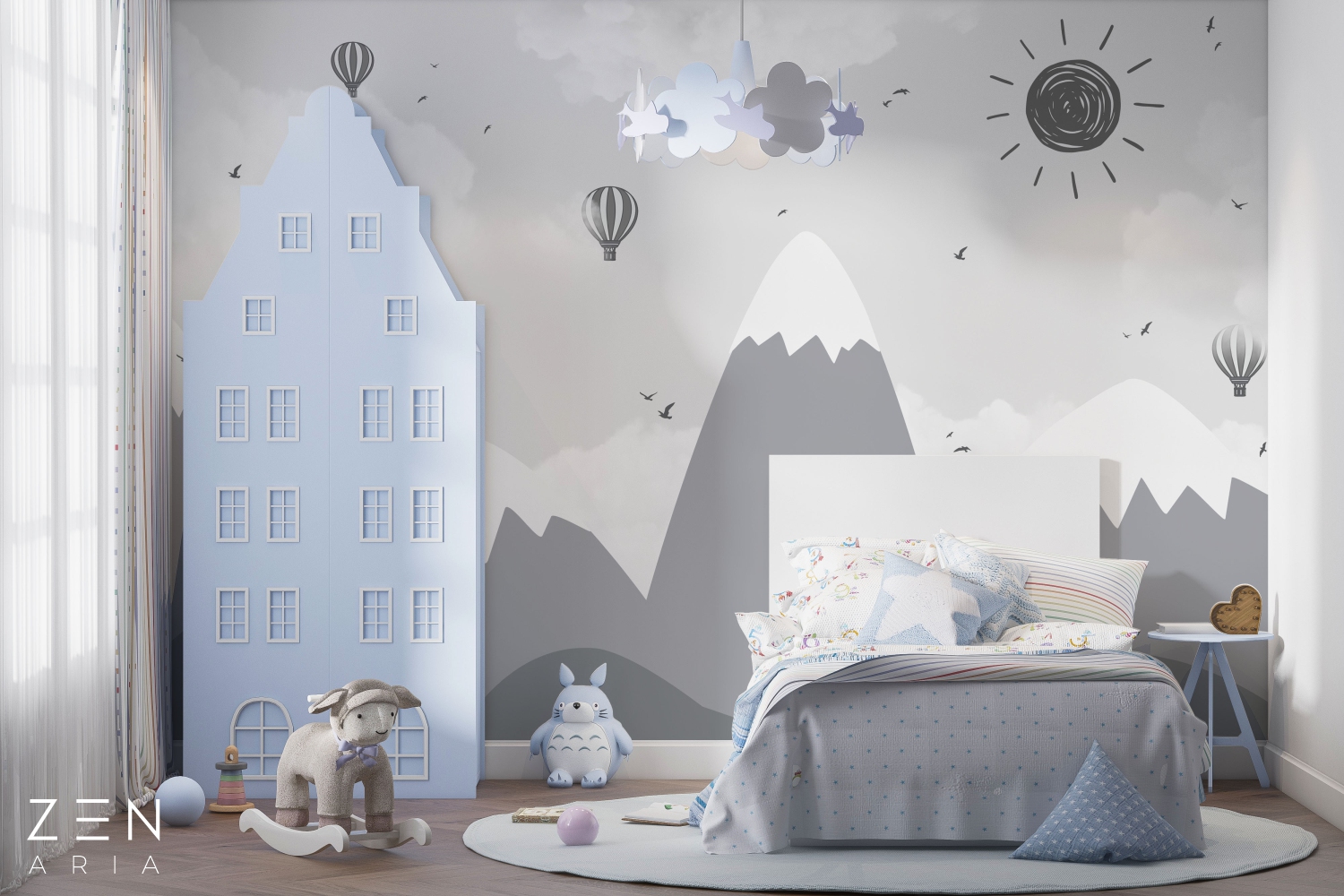 Sun and Birds Pasari Baloane cu aer cald si Nori Mural Wallpaper Fototapet Personalizat Zenaria Tapet Peak Tranquility