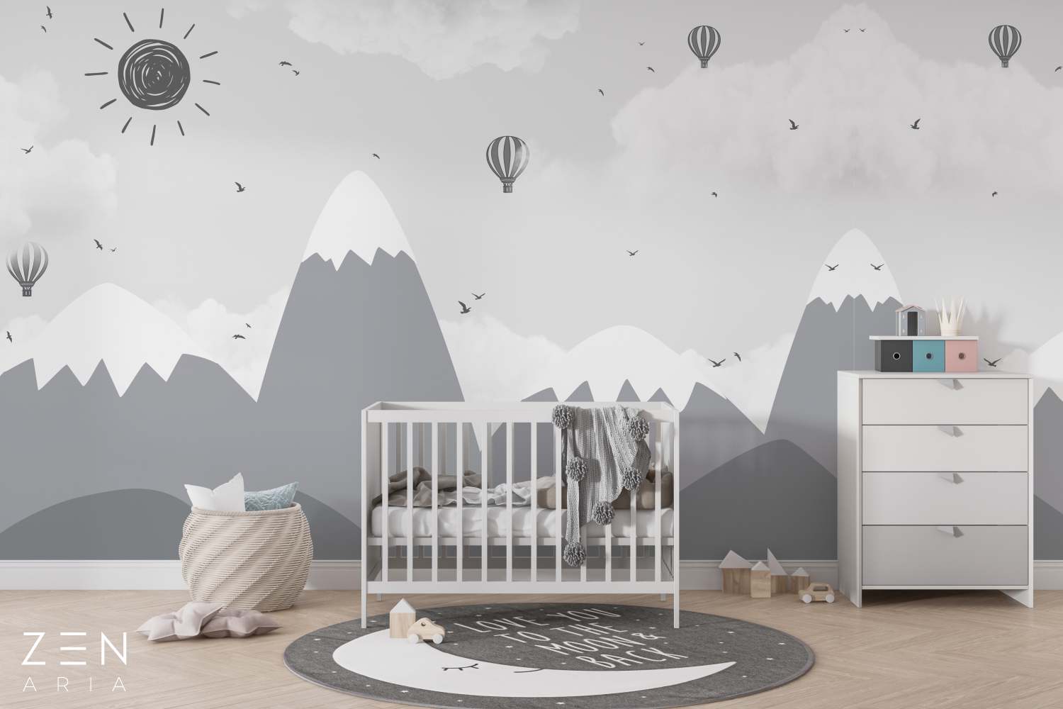 Sun and Birds Baloane cu aer cald si Nori Mural Wallpaper Fototapet Personalizat Zenaria Tapet Peak Tranquility